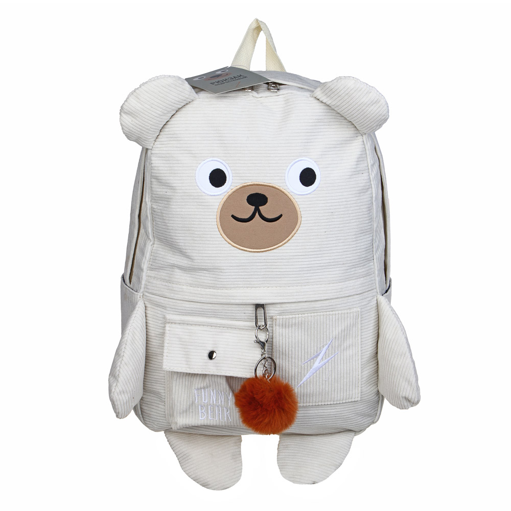 Рюкзак подростковый 44x30x13см, 1 отд., 5 карм., вышивка, декор "мишка", брелок, вельвет, молочный, арт.№ 254-724