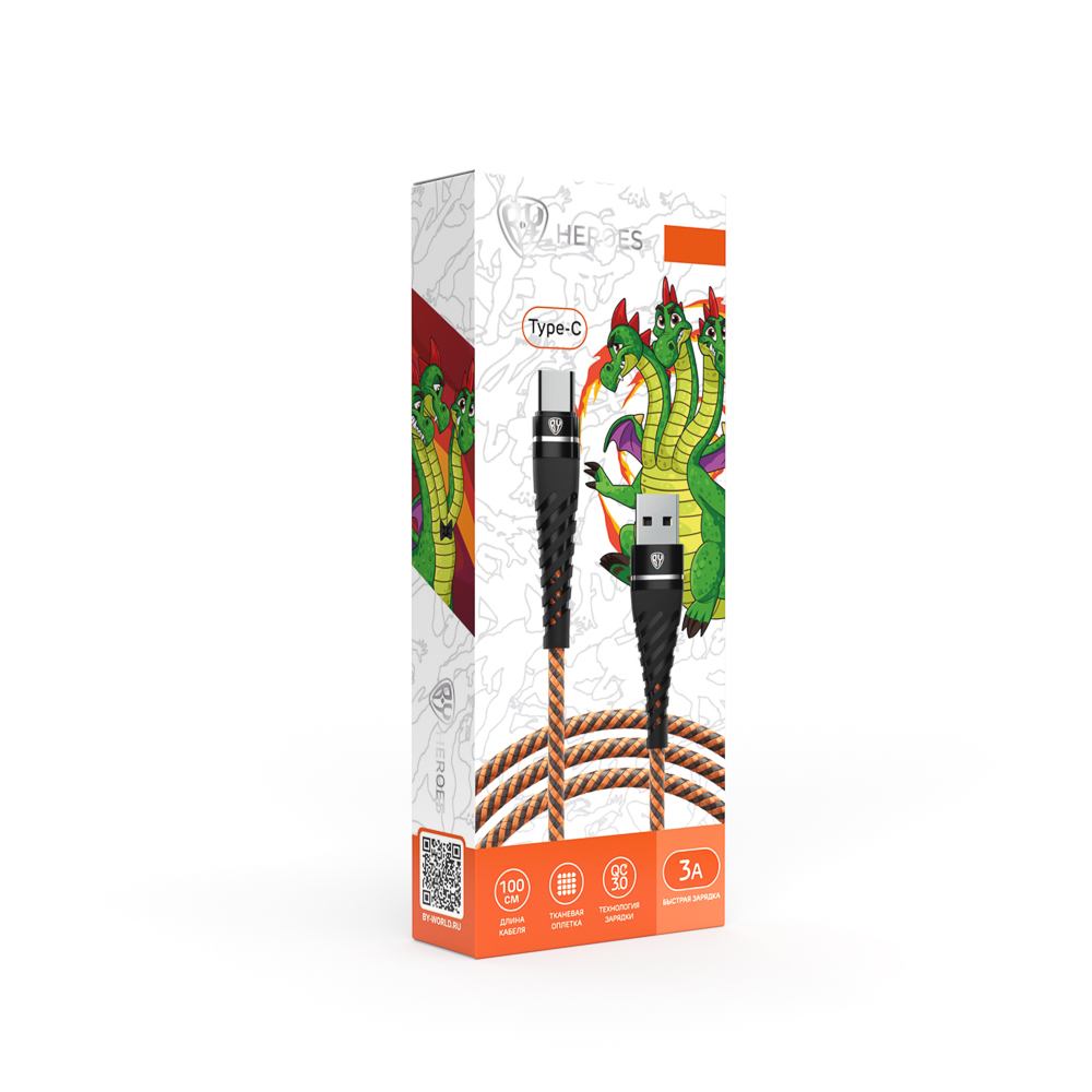 Кабель для зарядки USB(A)-Type C BY Герои, 1м., 2.4А, быстр зар QC3.0, тканная оплётка, Горыныч, арт.№ 931-393