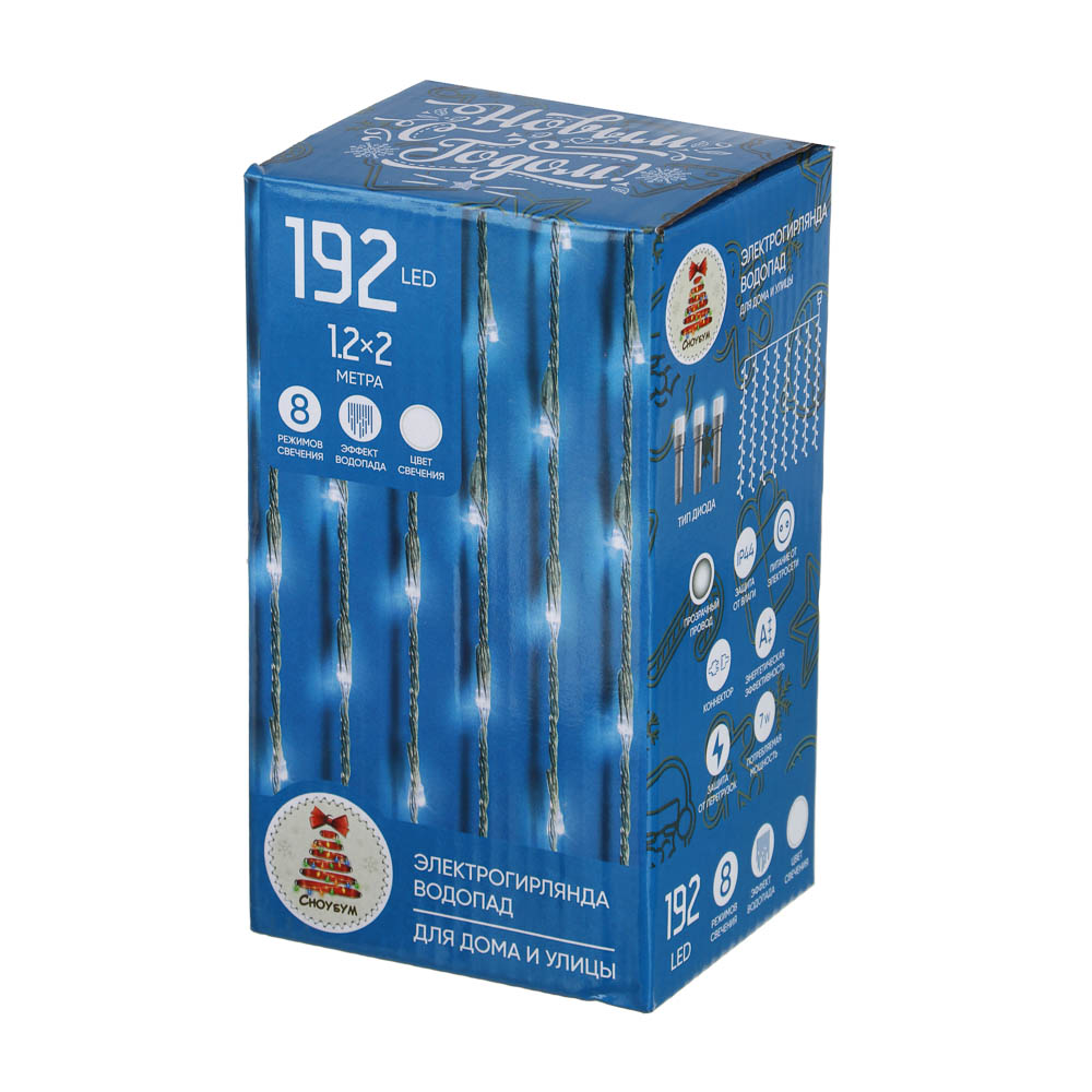 Гирлянда уличная 1,2х2 м СНОУ БУМ, 192 LED ламп, белое свечение, ПВХ прозрачный, 8 режимов, эффект водопада, 8 нитей, коннектор, 220В, арт.№ 382-023