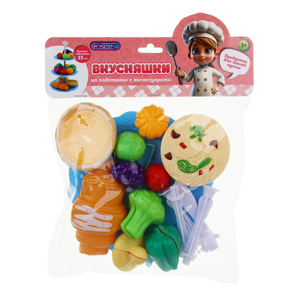 ИГРОЛЕНД Продукты на подставке "Вкусняшки", с аксессуарами в пакете, PP, PVC,21х26 см, 3 диз, арт.№ 294-187