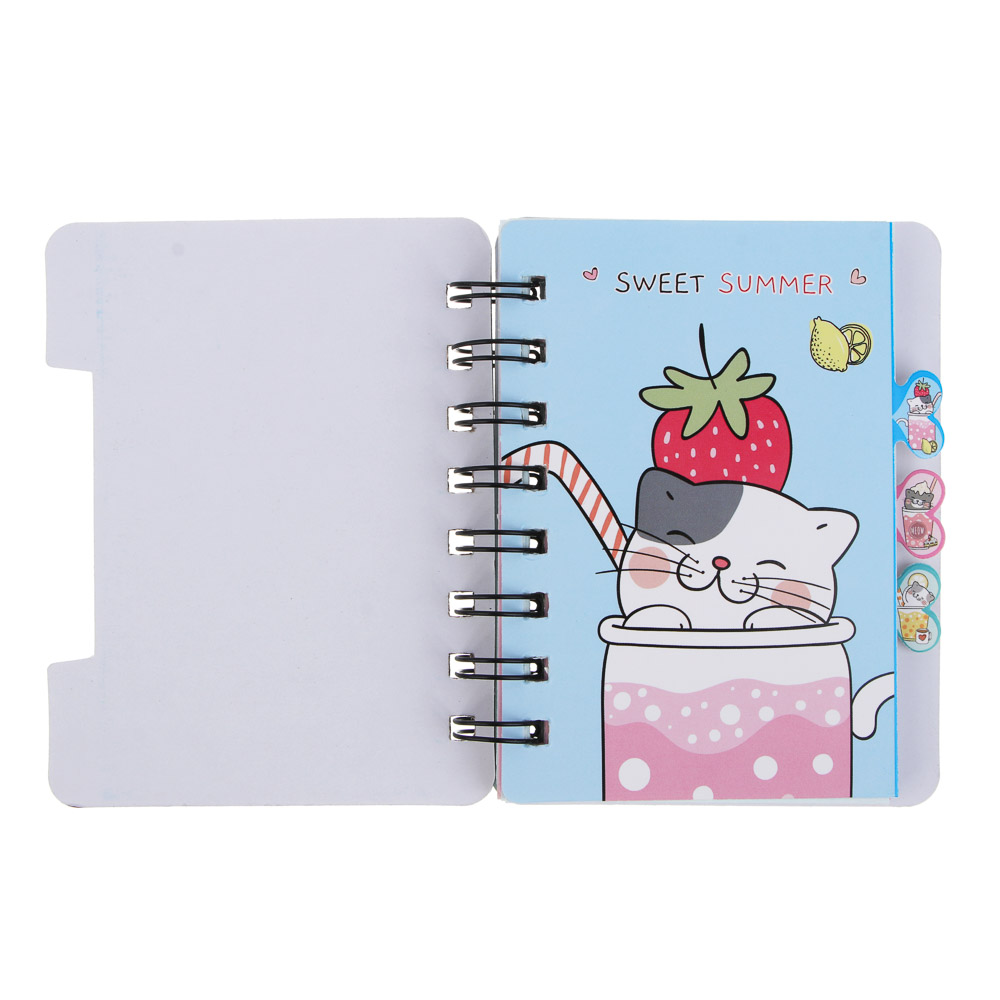 Записная книжка 12х9,3см, 57 листов, "Котики в газировке", картон, спираль, 3 разделителя, 4 дизайна, арт.№ 557-001