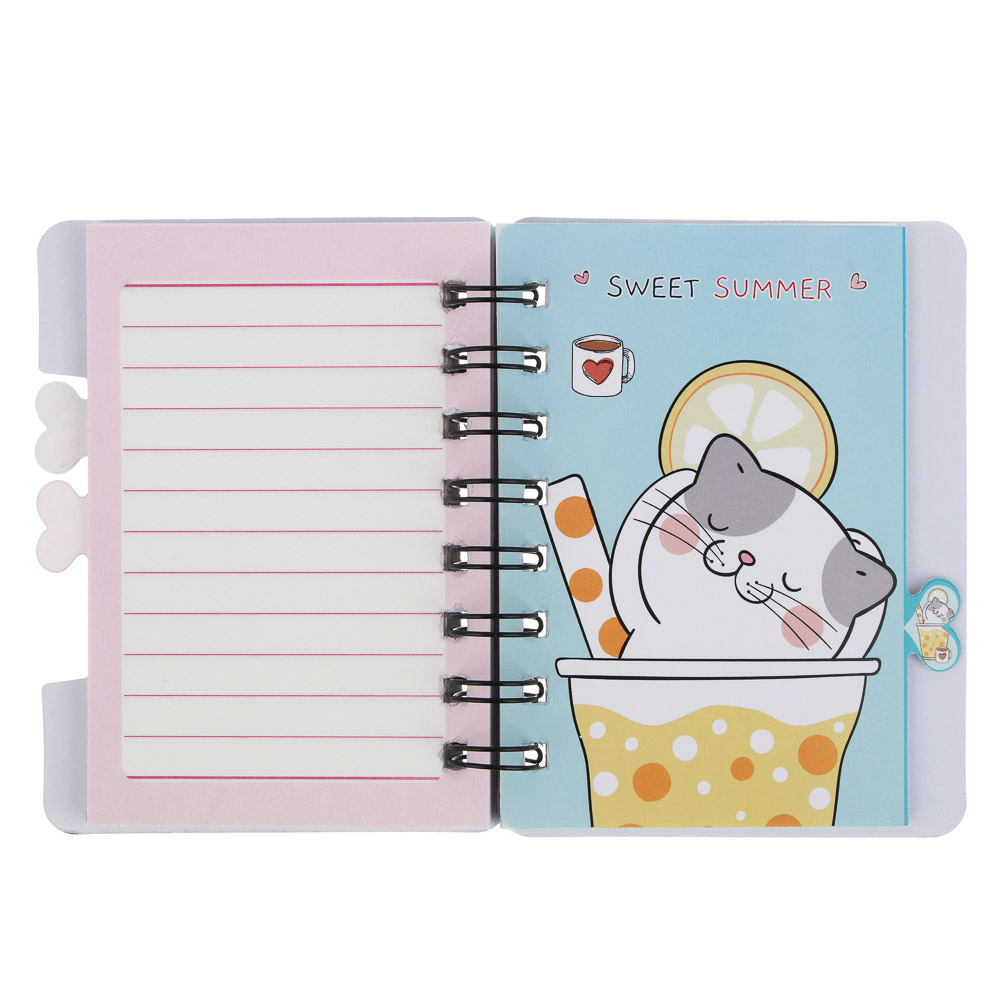 Записная книжка 12х9,3см, 57 листов, "Котики в газировке", картон, спираль, 3 разделителя, 4 дизайна, арт.№ 557-001