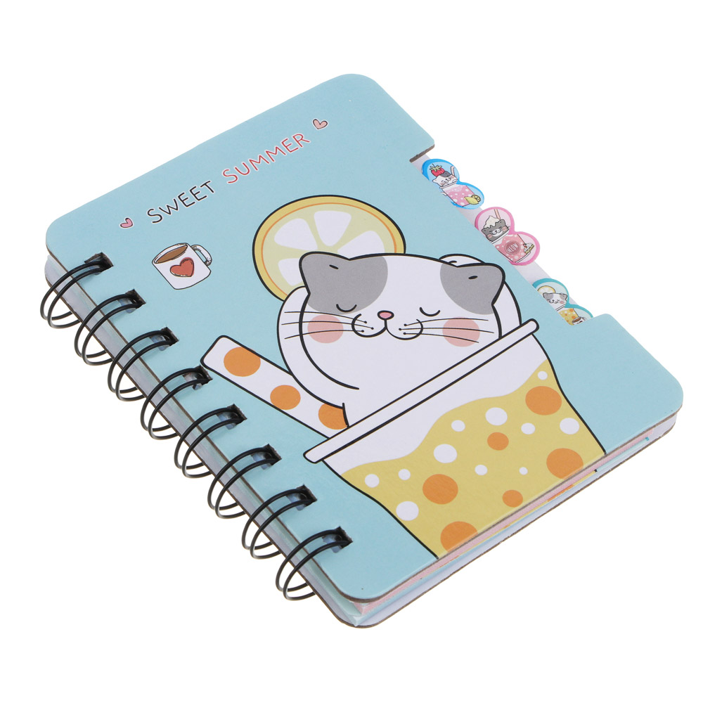 Записная книжка 12х9,3см, 57 листов, "Котики в газировке", картон, спираль, 3 разделителя, 4 дизайна, арт.№ 557-001