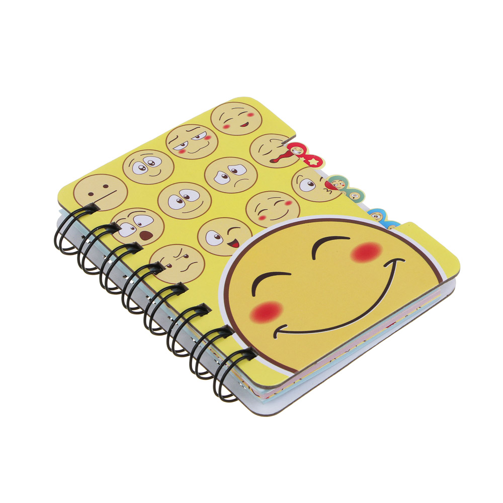 Записная книжка 12х9,3см, 57 листов, "Смайлики", картон, спираль, 3 цветных разделителя, 4 дизайна, арт.№ 557-002