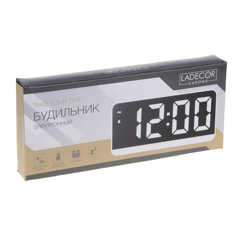 LADECOR CHRONO Будильник электронный, 16,5x1,5x8 см, АВС пластик, 3xAАA, оправа цвет белый, арт.№ 529-310