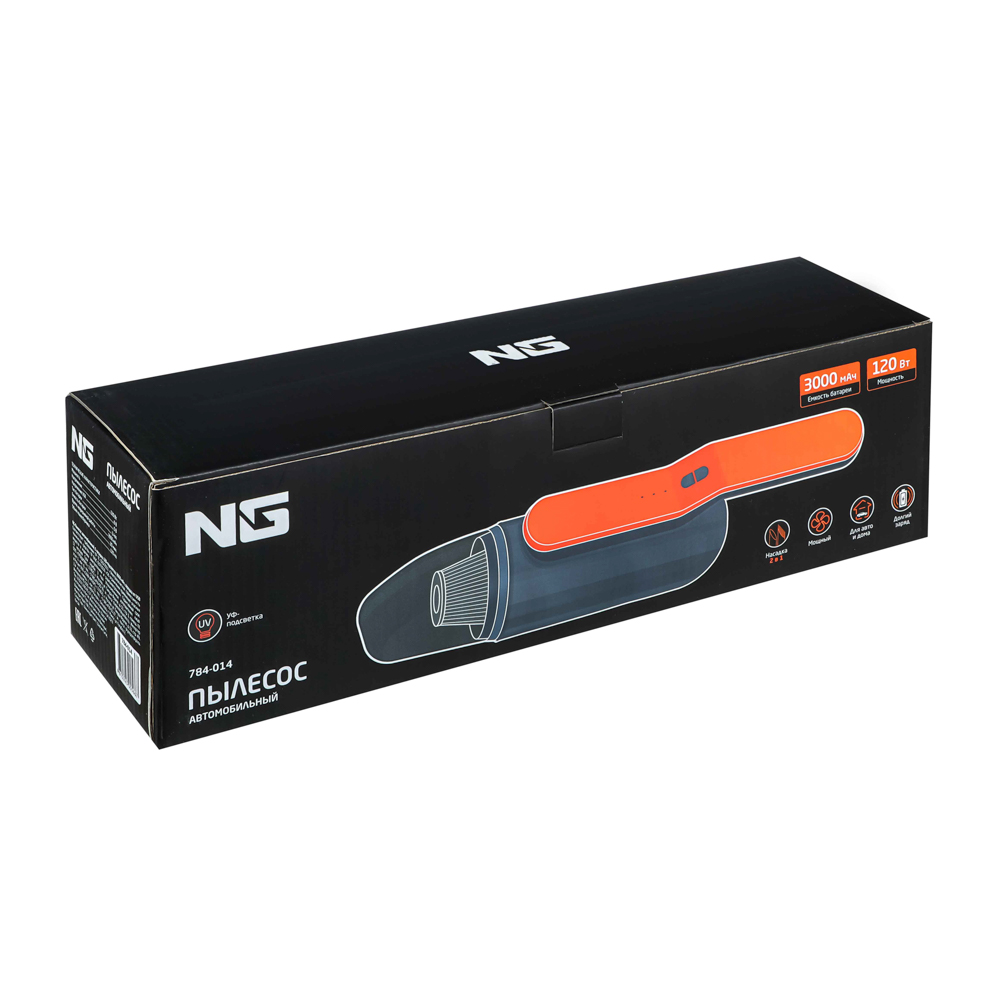 NG Пылесос автомобильный, 1 насадка, LED подсветка, 3000МAЧ, зарядка от USB, арт.№ 784-014