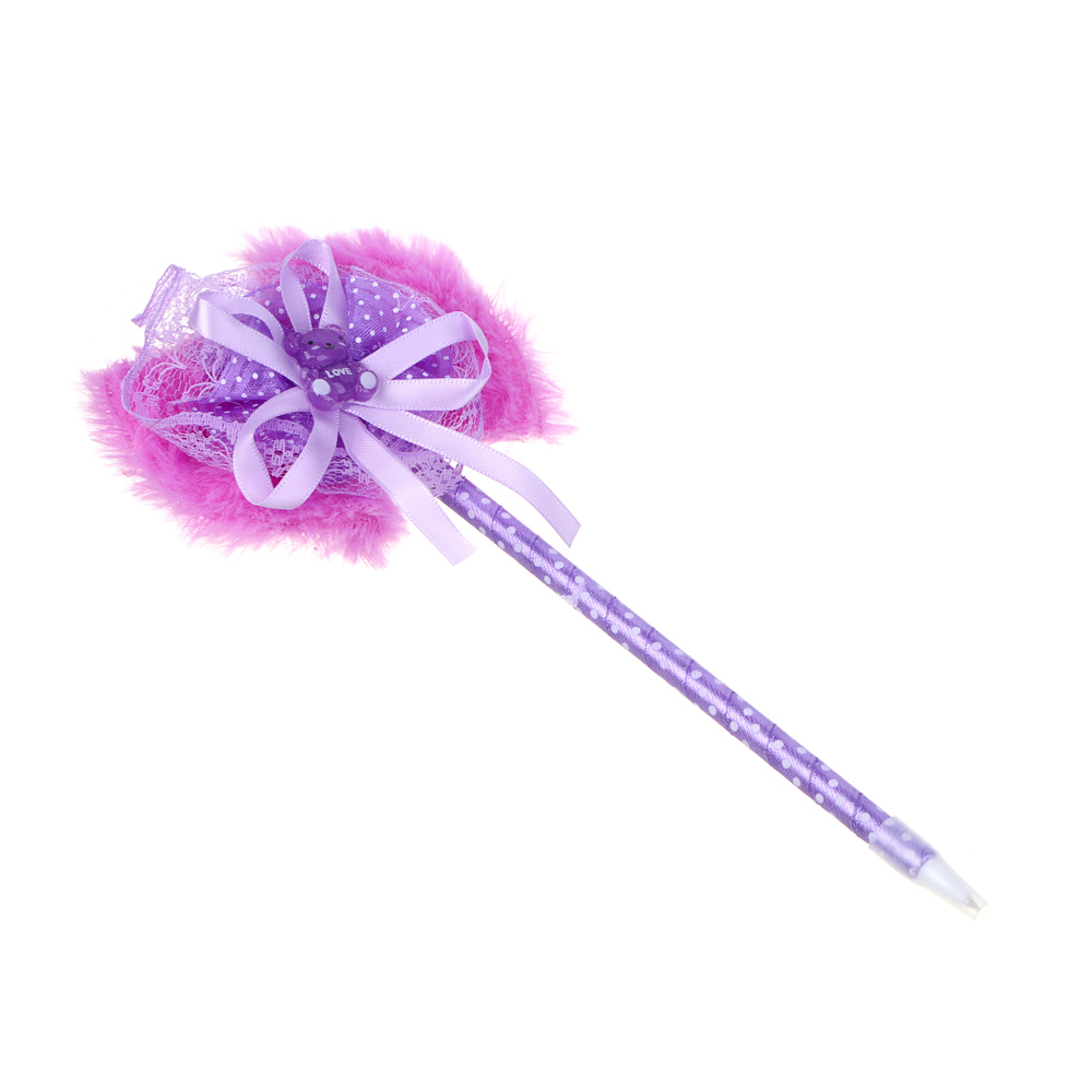 Ручка шариковая синяя, наконечник в форме банта с медвежонком, ткань, PP, корпус 18,5 см, 4 дизайна, арт.№ 526-026