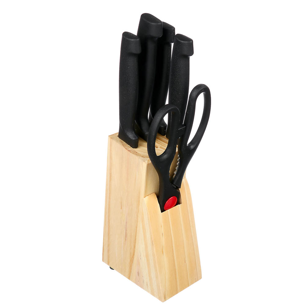 Набор ножей 6 пр. в дер.подставке: ножи кух. 7,5см, 11,5см, 12см, 14см, ножницы, арт.№ 803-103