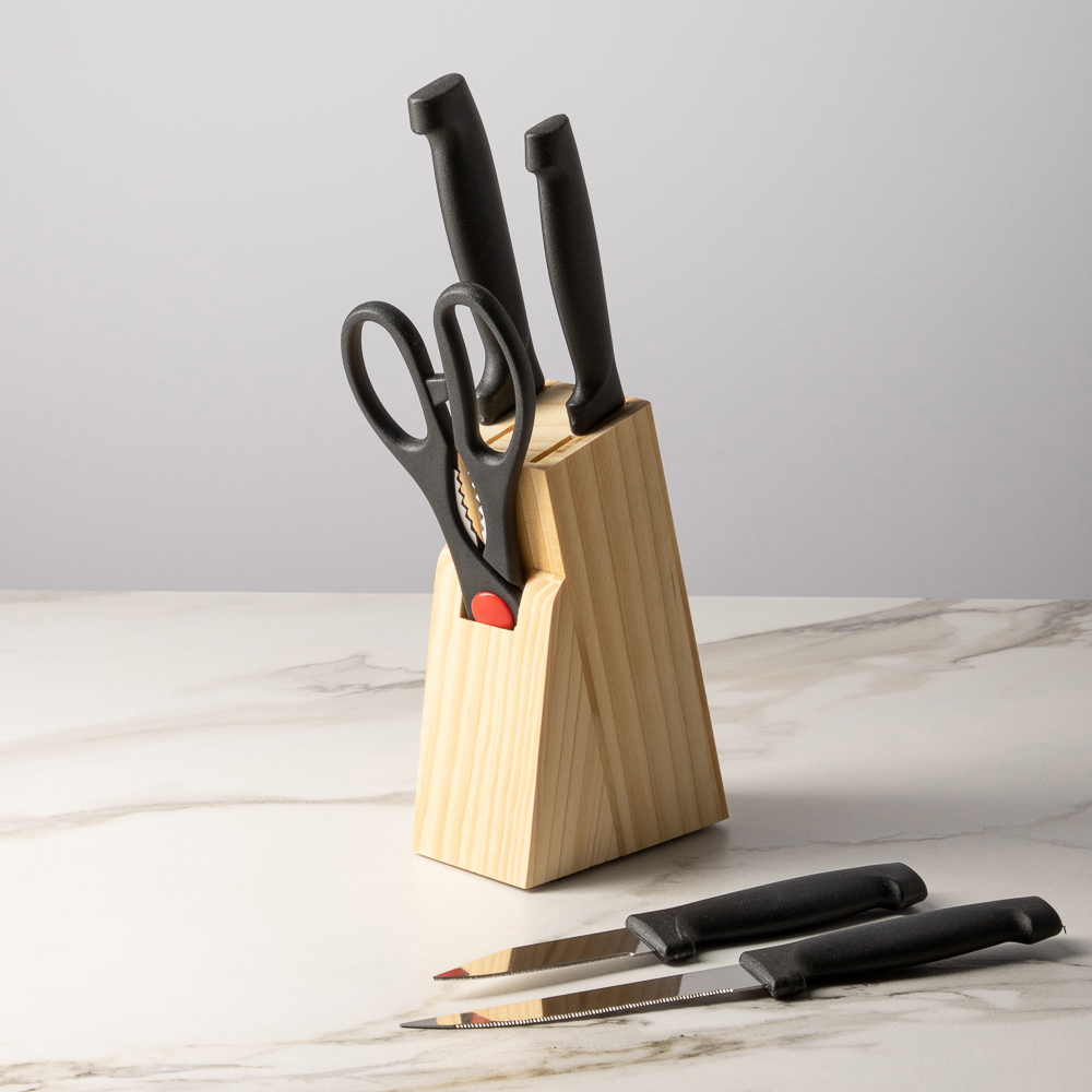 Набор ножей 6 пр. в дер.подставке: ножи кух. 7,5см, 11,5см, 12см, 14см, ножницы, арт.№ 803-103