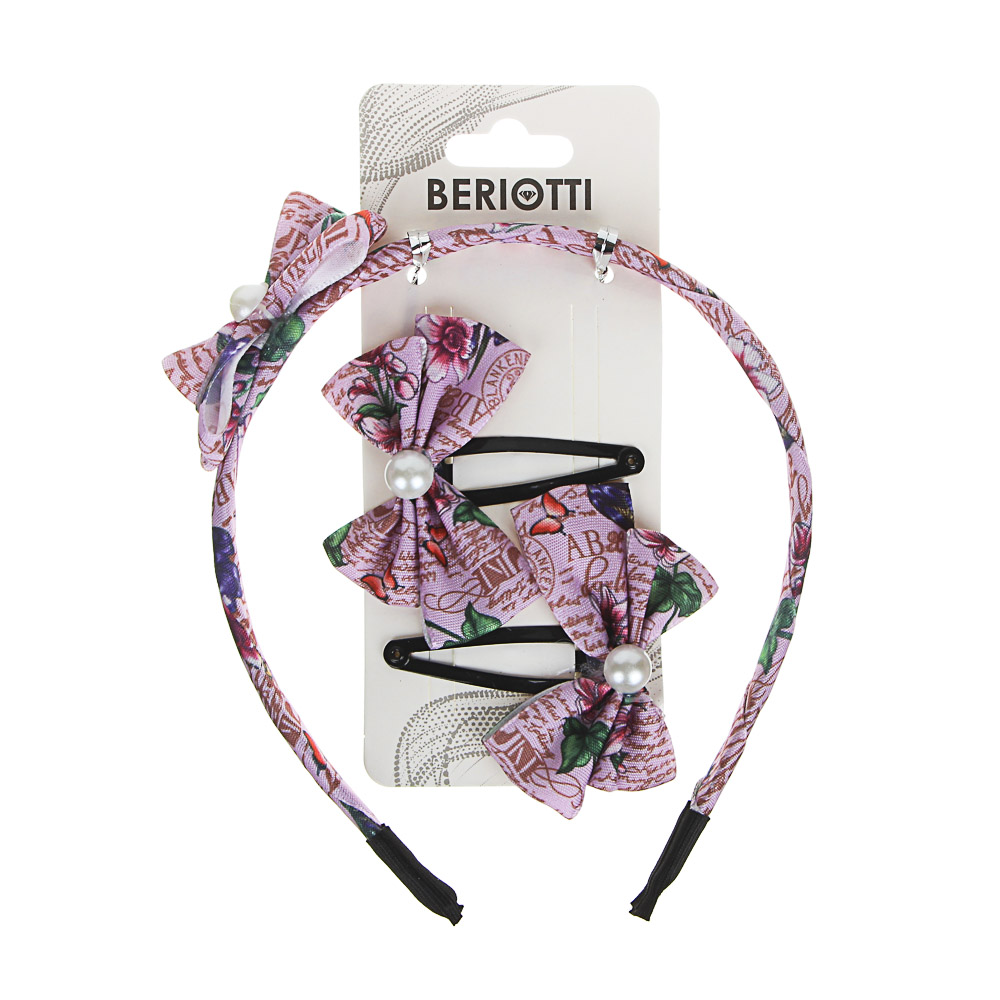 BERIOTTI Набор для волос: ободок 1см, заколка 2шт 4,5см, полиэстер, полистирол, металл, 2 дизайна, арт.№ 316-306
