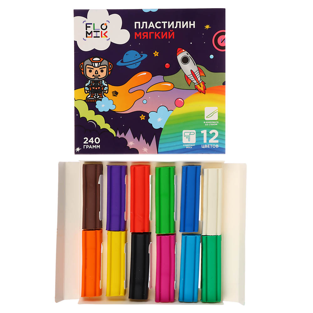 FLOMIK Пластилин мягкий, 12цв. 240г, со стеком, в картонной коробке с выб.лаком, ПРЕМИУМ, арт.№ 239-054
