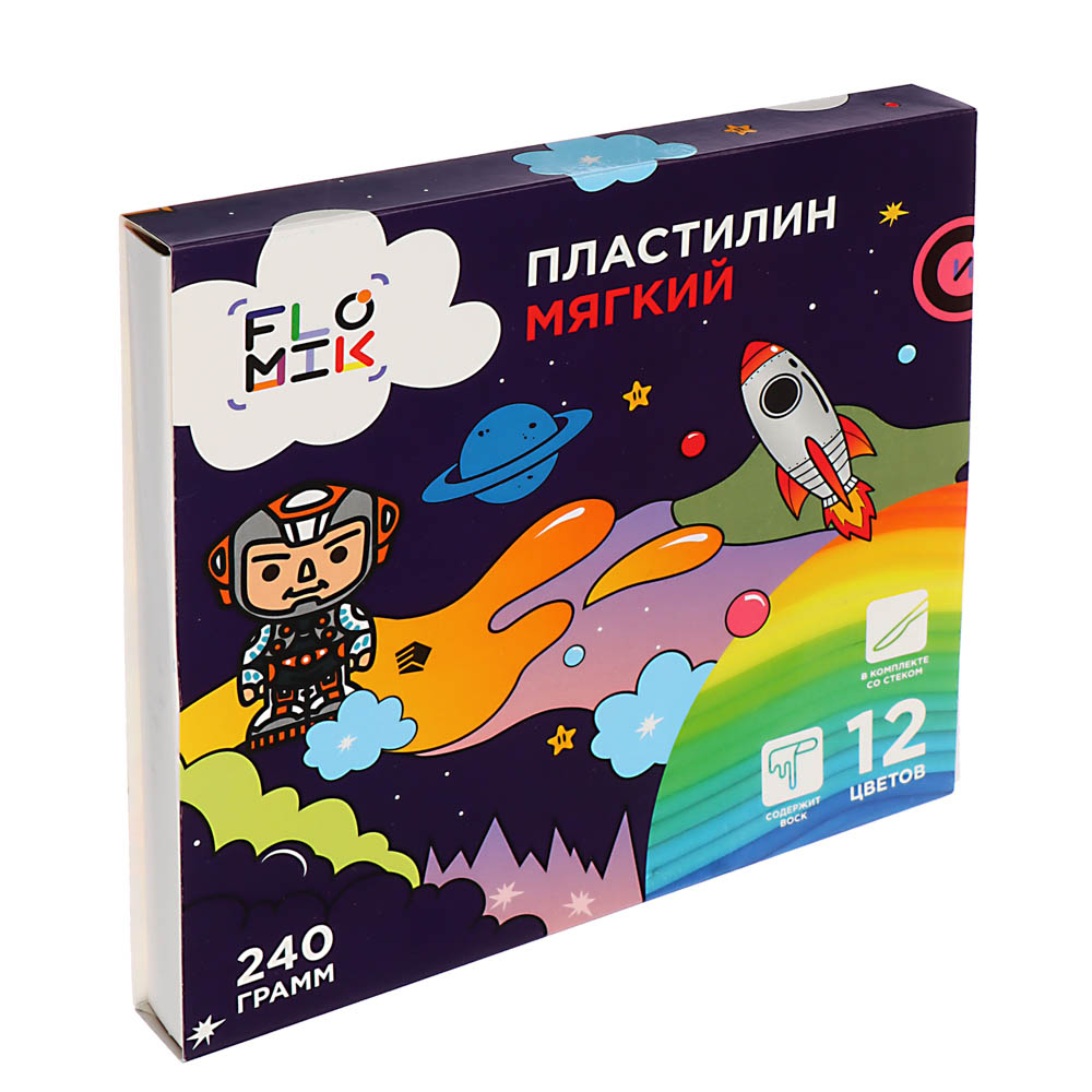 FLOMIK Пластилин мягкий, 12цв. 240г, со стеком, в картонной коробке с выб.лаком, ПРЕМИУМ, арт.№ 239-054