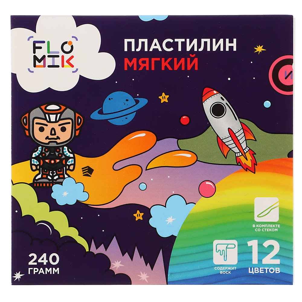 FLOMIK Пластилин мягкий, 12цв. 240г, со стеком, в картонной коробке с выб.лаком, ПРЕМИУМ, арт.№ 239-054