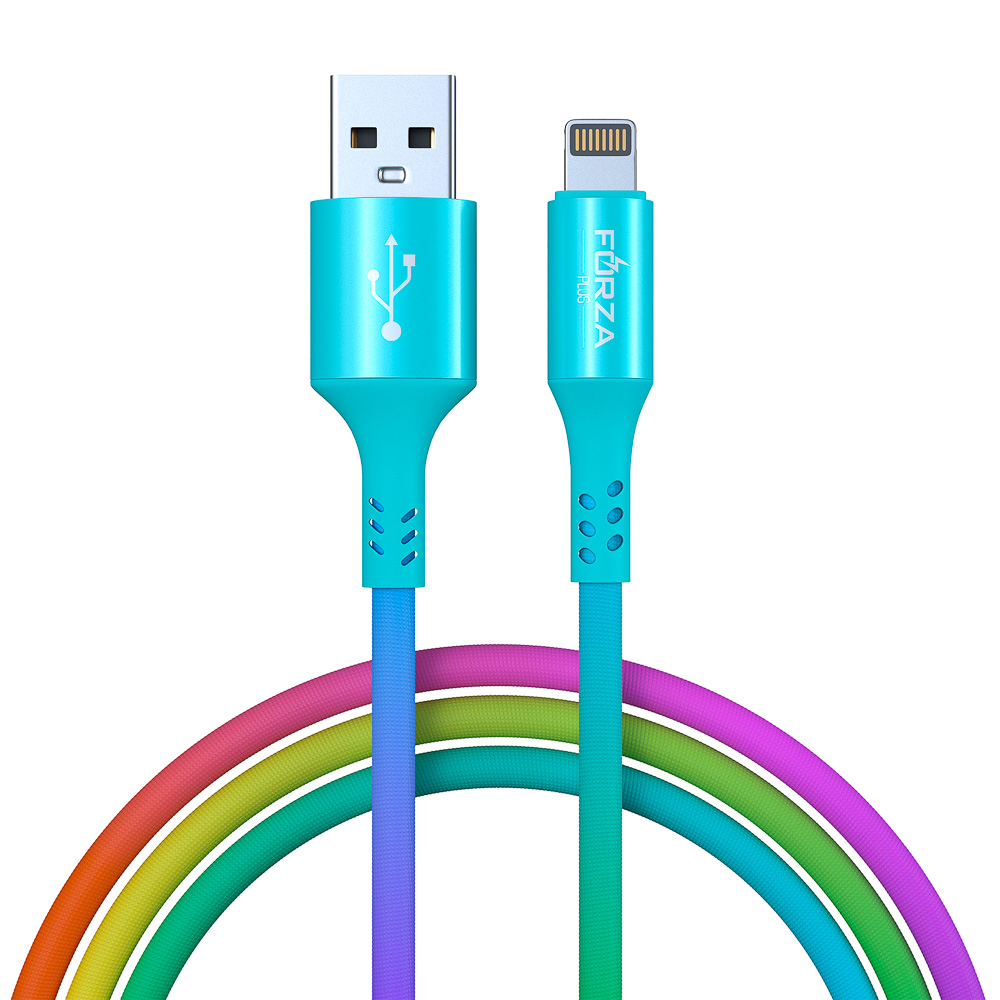 Кабель для зарядки USB(A)-iP FORZA Радуга, 1м, 2А, тканевая оплётка, пакет, арт.№ 443-034