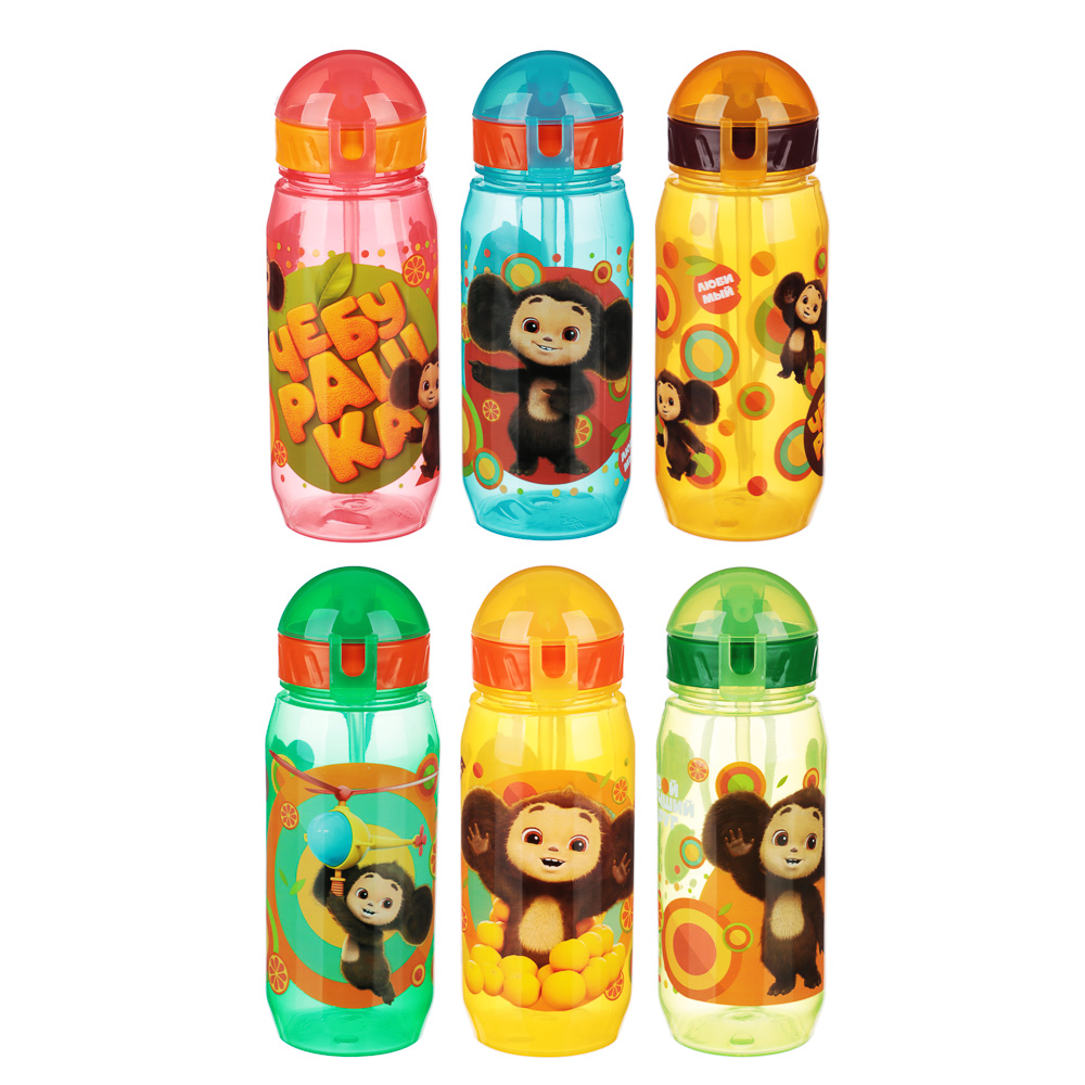 Бутылочка с трубочкой "Чебурашка" 400мл, пластик, 6 цветов, арт.№ 829-214