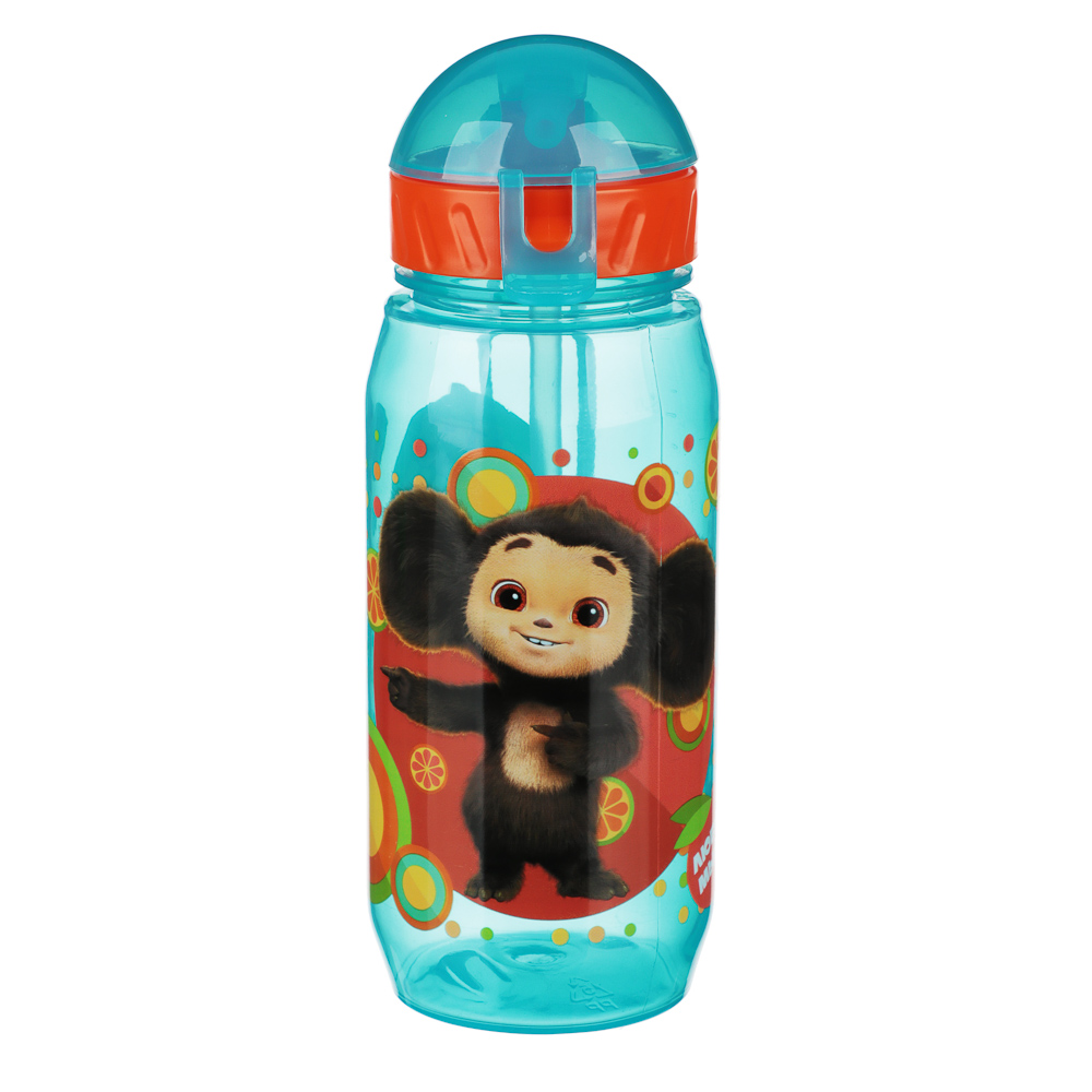Бутылочка с трубочкой "Чебурашка" 400мл, пластик, 6 цветов, арт.№ 829-214