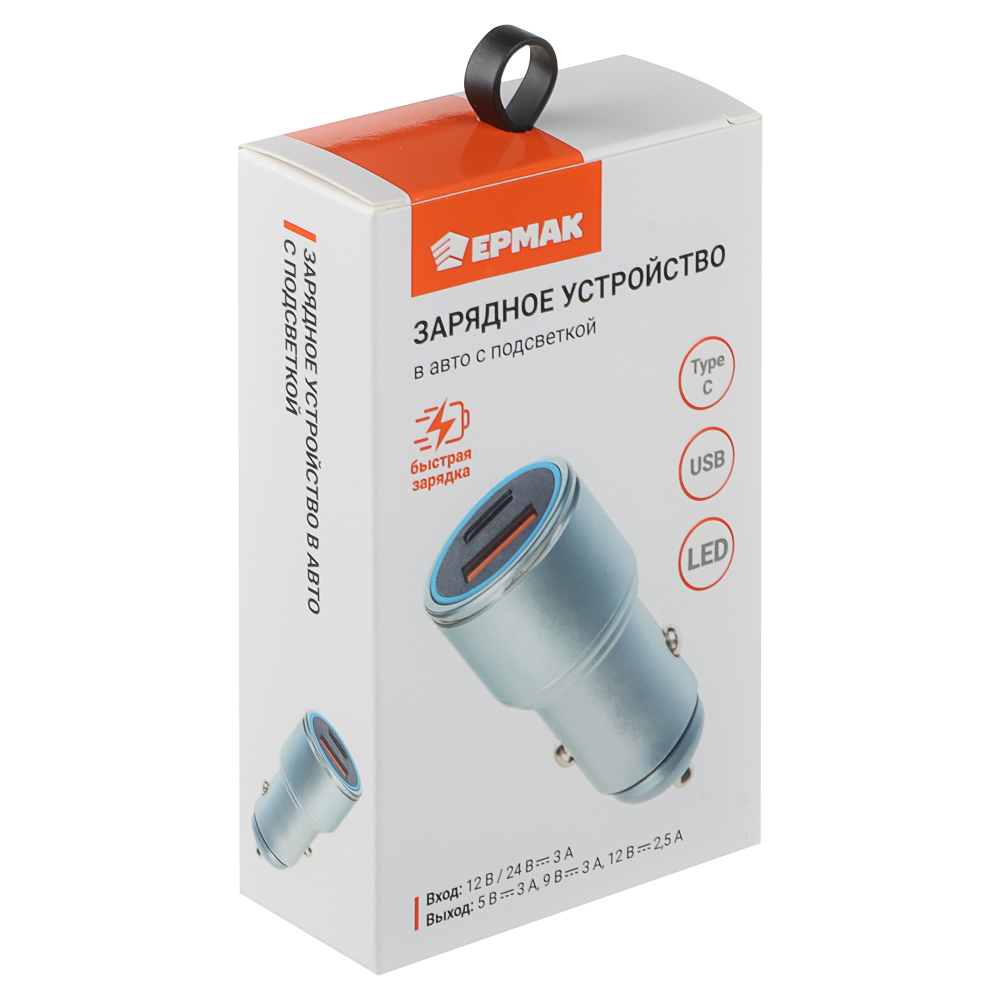 ЕРМАК Зарядное устройство в авто, USB QC3.0+PD, 5V-3A, 9V-3A, 12V-2,5A, металл, арт.№ 738-027