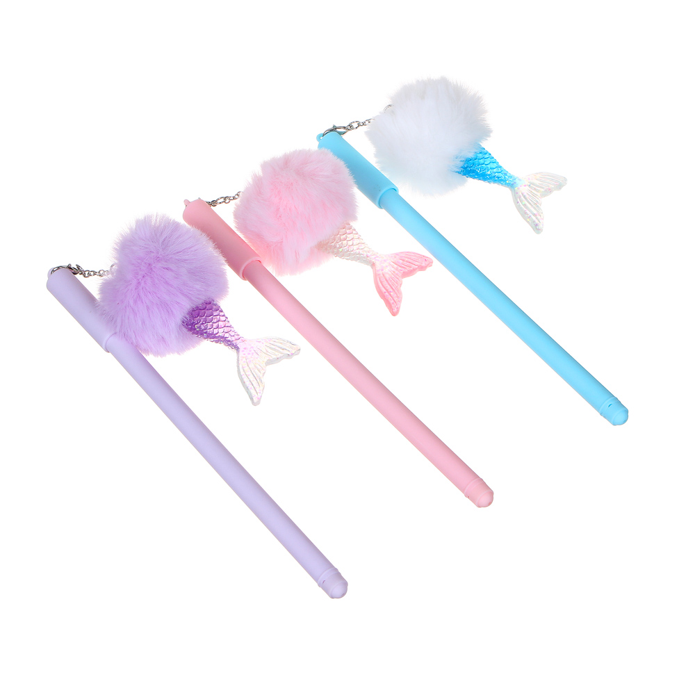 Ручка гелевая синяя, с подвесом в форме помпона и хвоста русалки, 0,5мм, 3 цвета, пластик, арт.№ 591-077