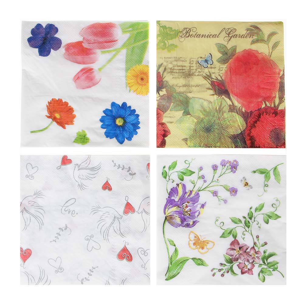 Салфетки бумажные 10шт, двухслойные, 33x33см, "Цветы", 3 дизайна, арт.№ 437-255