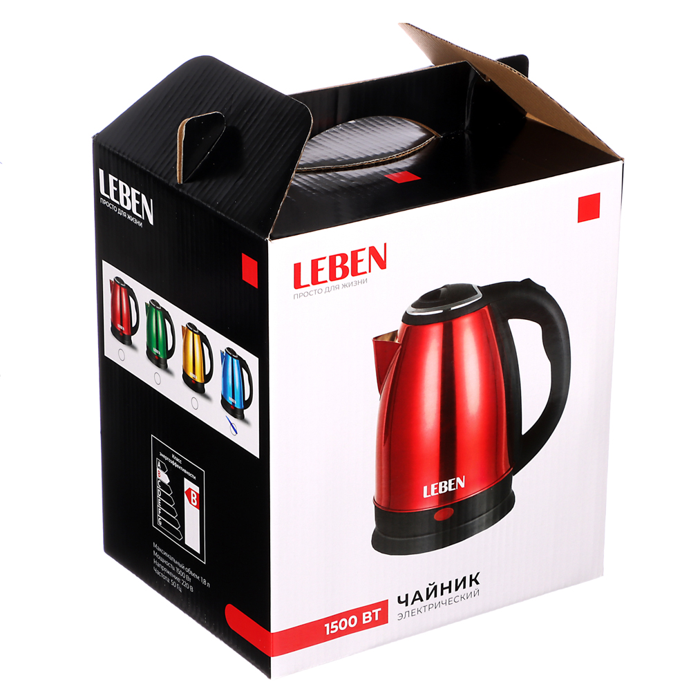 LEBEN Чайник электрический 1,8л, 1500Вт, нерж. сталь, 4 цвета, арт.№ 291-071