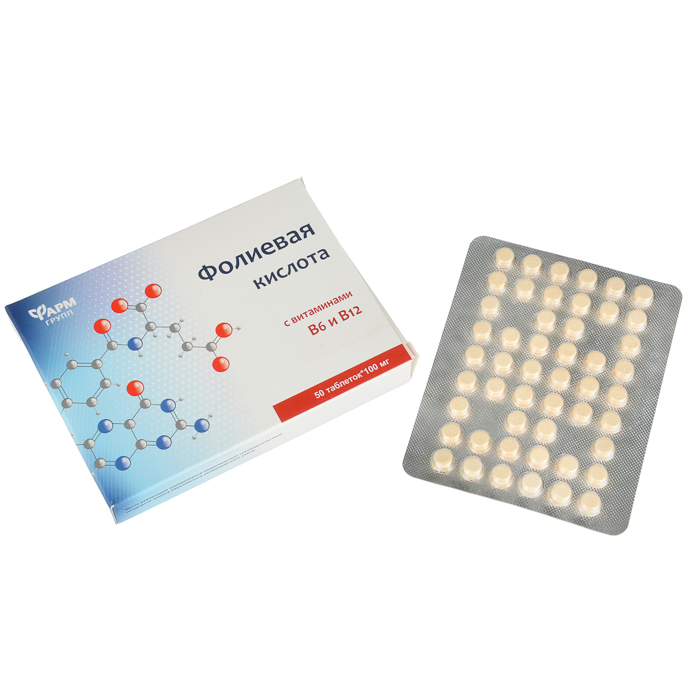 БАД Фолиевая кислота с витаминами В6 и В12, 50табл по 100мг, арт.№ 015-100