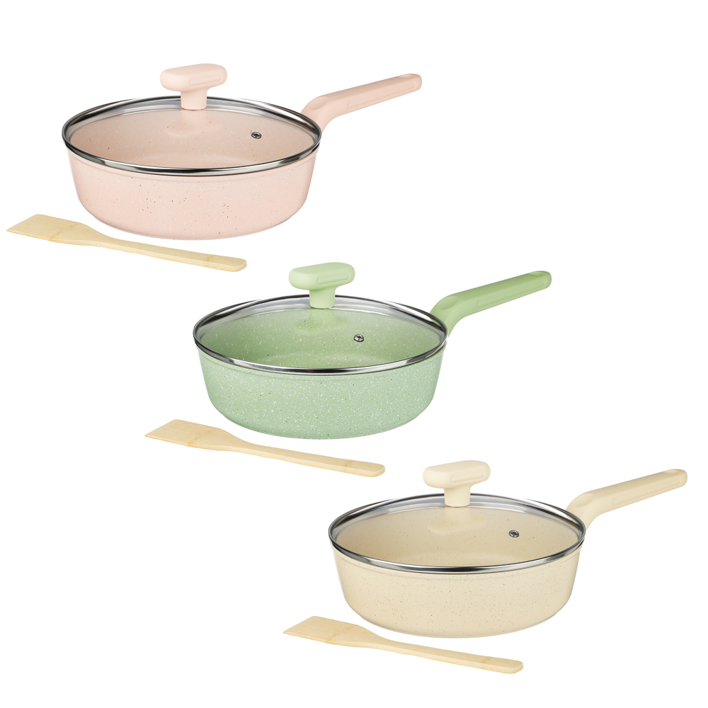 Сотейник литой с крышкой d=24 см SATOSHI Эмери, антипригарное покрытие мрамор, индукция, с бамбуковой лопаткой, 3 цвета, арт.№ 846-742