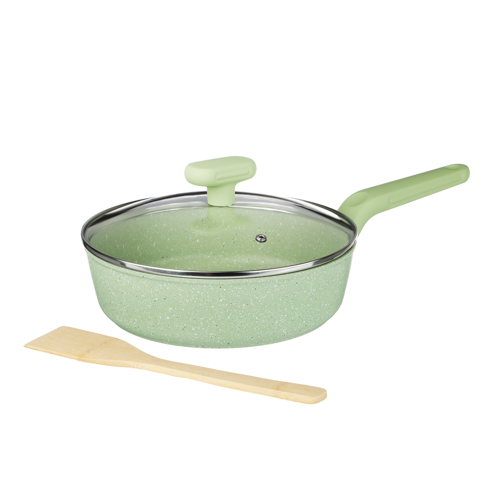 Сотейник литой с крышкой d=24 см SATOSHI Эмери, антипригарное покрытие мрамор, индукция, с бамбуковой лопаткой, 3 цвета, арт.№ 846-742
