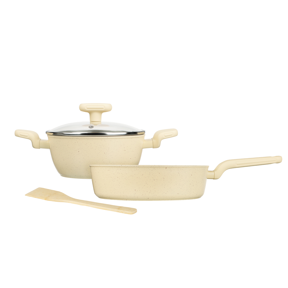 SATOSHI Эмери Набор 4 предмета сотейник 28 см, кастрюля с крышкой 20 см, антипригарное покрытие мрамор, индукция, с бамбуковой лопаткой, 3 цвета, арт.№ 846-743