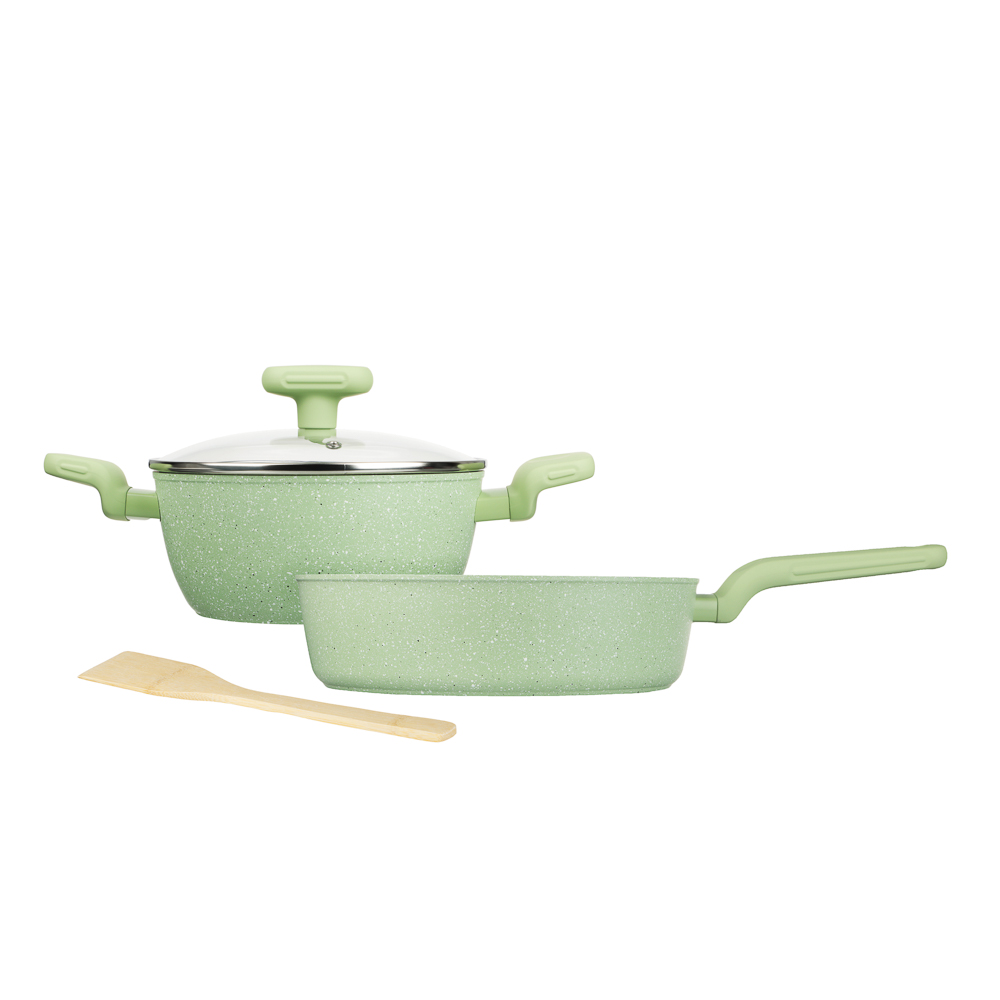 SATOSHI Эмери Набор 4 предмета сотейник 28 см, кастрюля с крышкой 20 см, антипригарное покрытие мрамор, индукция, с бамбуковой лопаткой, 3 цвета, арт.№ 846-743