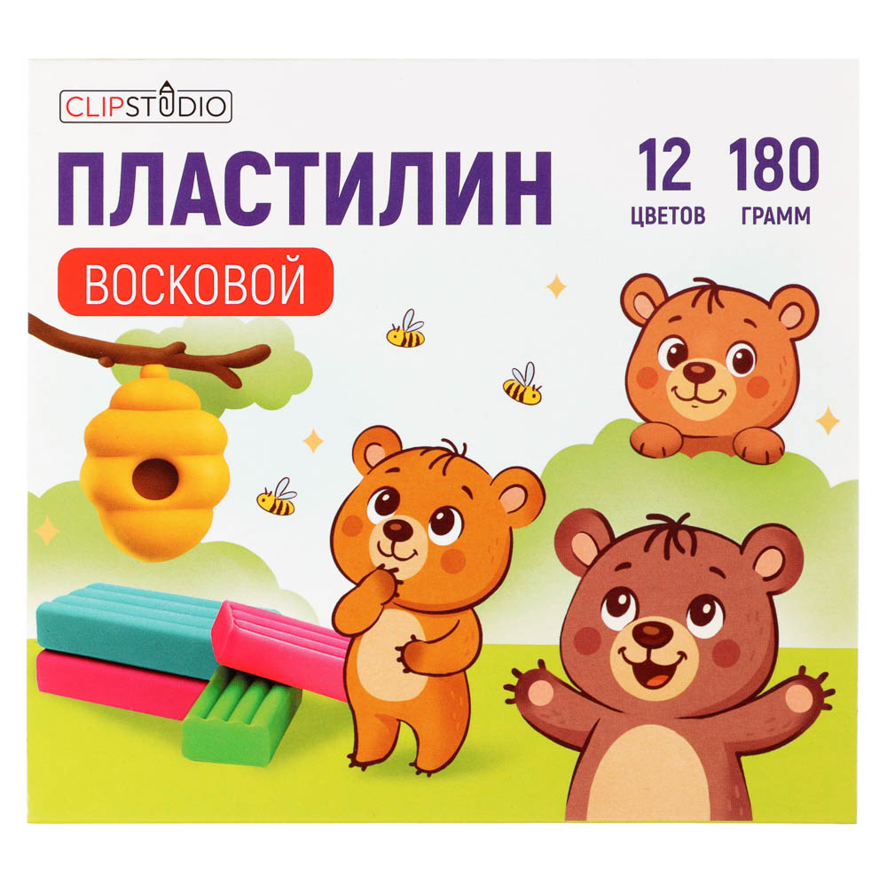 Пластилин мягкий 12цв. ClipStudio 180г, со стеком, в картонной коробке, ВОСКОВОЙ, арт.№ 239-104