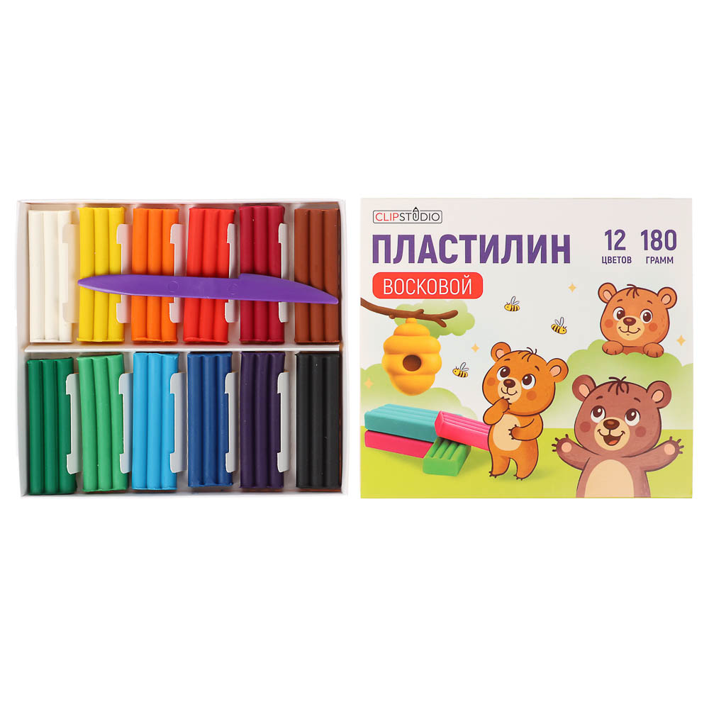 Пластилин мягкий 12цв. ClipStudio 180г, со стеком, в картонной коробке, ВОСКОВОЙ, арт.№ 239-104