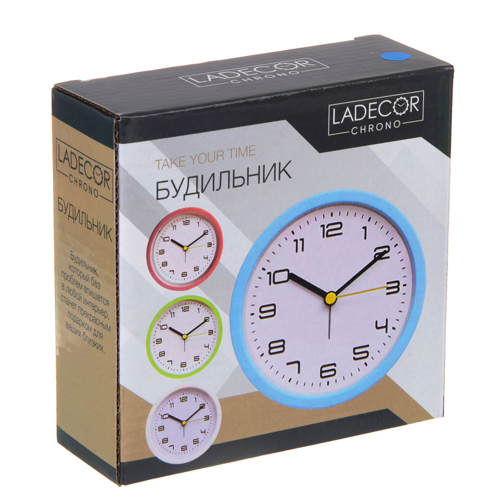 LADECOR CHRONO Будильник с подсветкой, 1*АА, 12x4x12 см, пластик, 4 цвета, арт.№ 529-038