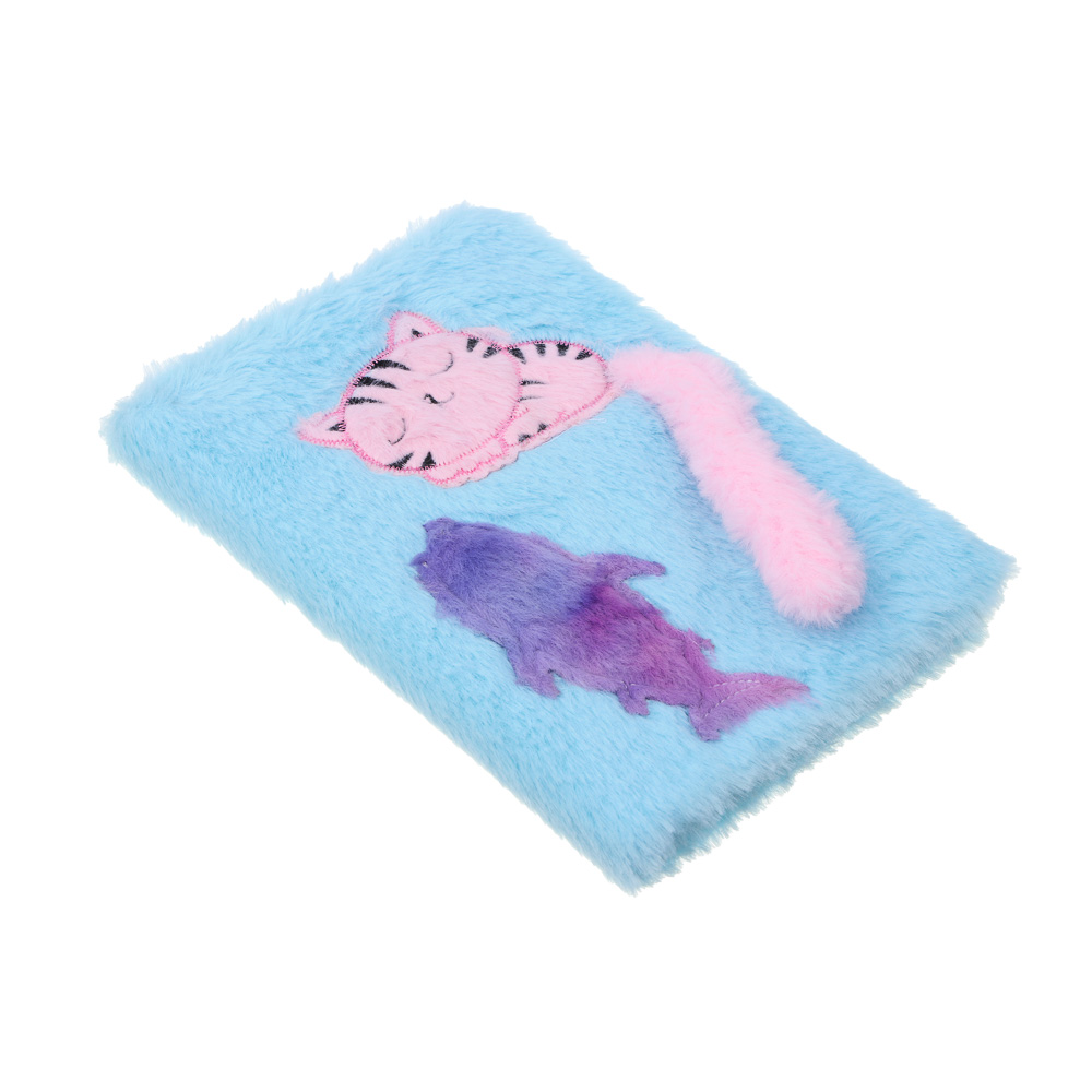 Записная книжка А5, 21,5х14,5см, 80л., иск.мех, аппликация, ручка в кармашке, "Котик с рыбкой", 2цв., арт.№ 557-078