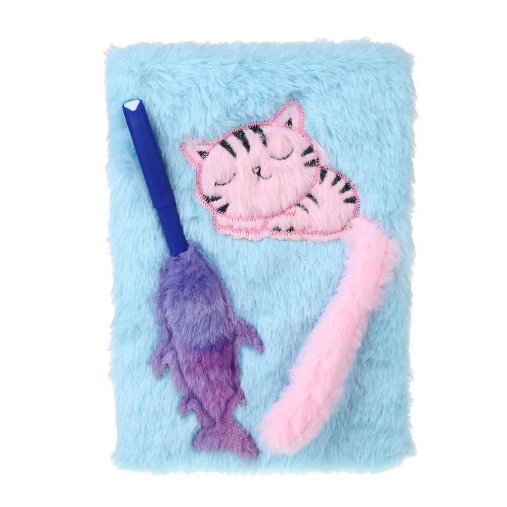 Записная книжка А5, 21,5х14,5см, 80л., иск.мех, аппликация, ручка в кармашке, "Котик с рыбкой", 2цв., арт.№ 557-078