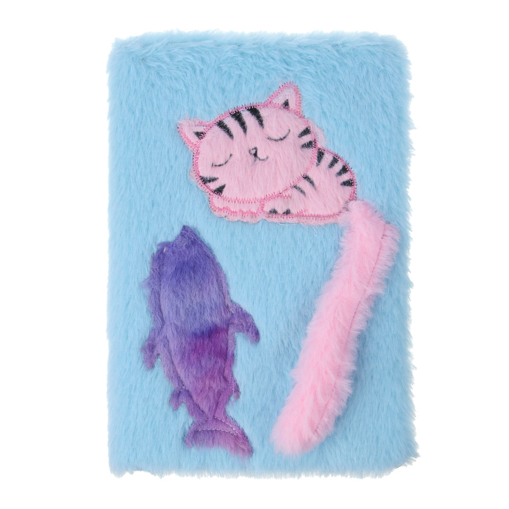 Записная книжка А5, 21,5х14,5см, 80л., иск.мех, аппликация, ручка в кармашке, "Котик с рыбкой", 2цв., арт.№ 557-078