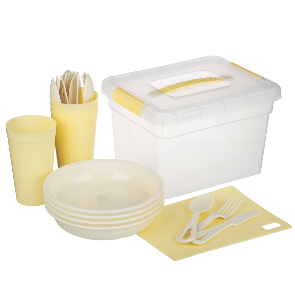 Набор для пикника на 4 персоны: контейнер 5л, тарелки 4шт, стаканы 0,4л 4шт, стол.приборы 4шт, доска, арт.№ 861-496