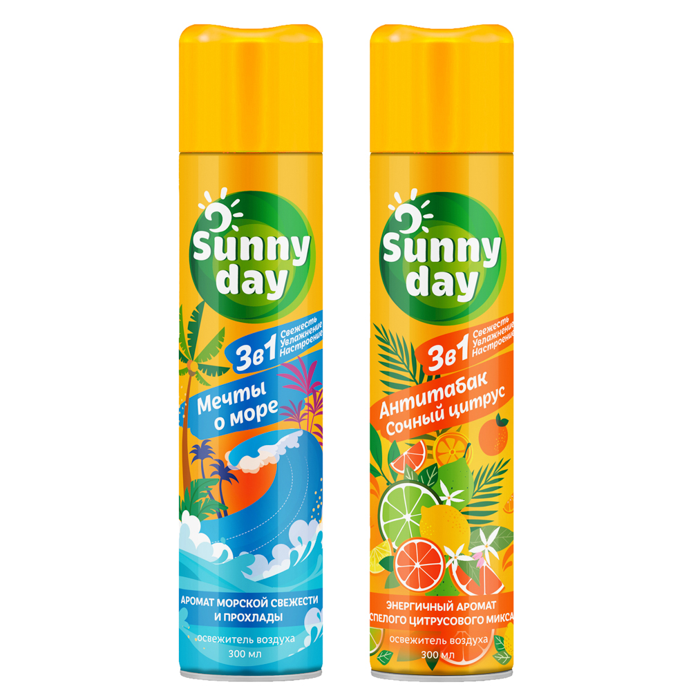 Освежитель воздуха SUNNY DAY аэрозоль, антитабак сочный цитрус/мечты о море, 300мл, арт.№ 991-059