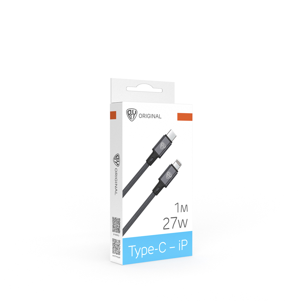 Кабель для зарядки Type C-iP BY Solid, 27Вт, 1 м, 3A, нейлон, мет. кон., графитовый, арт.№ 931-634