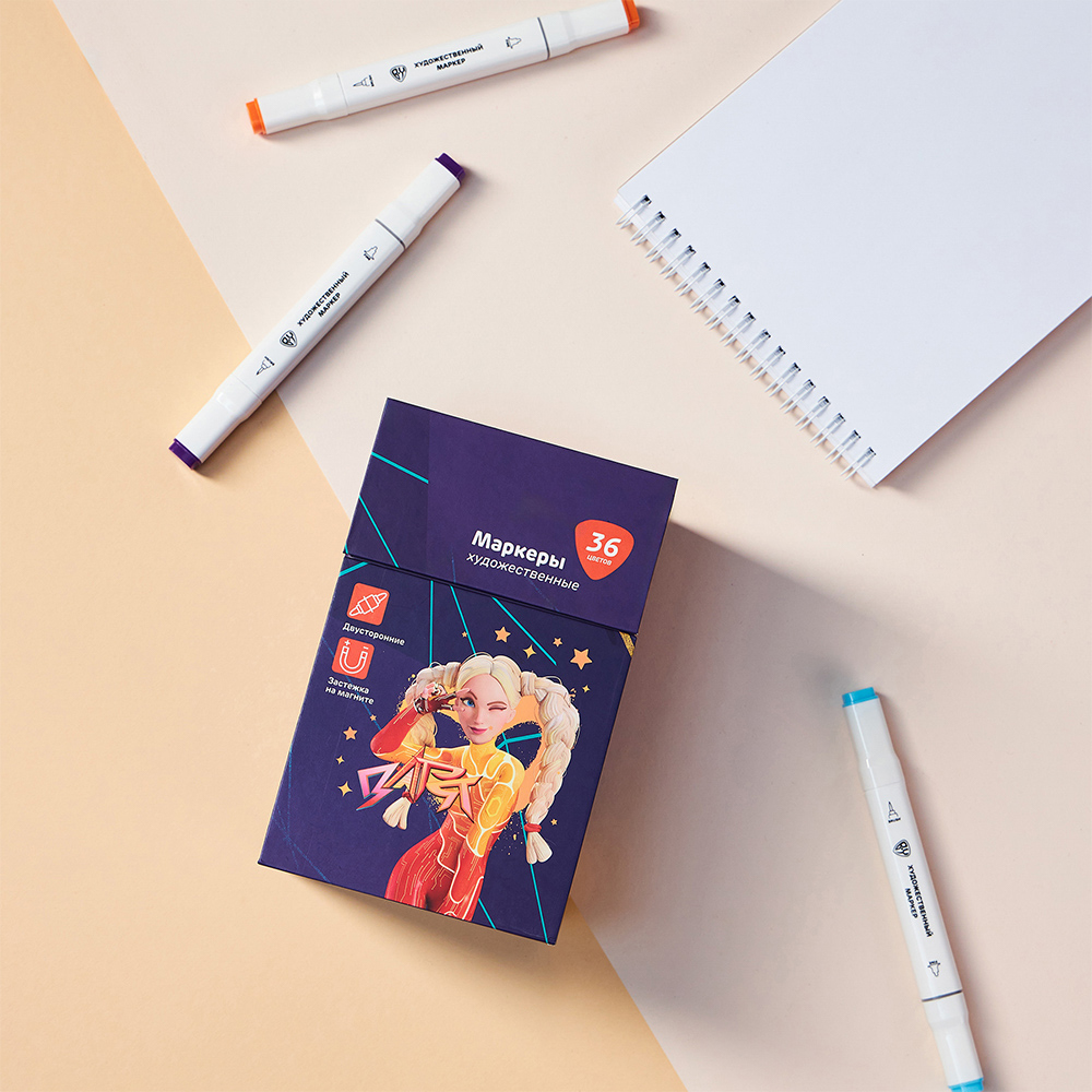 Маркеры худож. BY Русские Супергерои 36цв., 2-стор. (круг./кисточка), коробка-подставка на магните, арт.№ 801-042