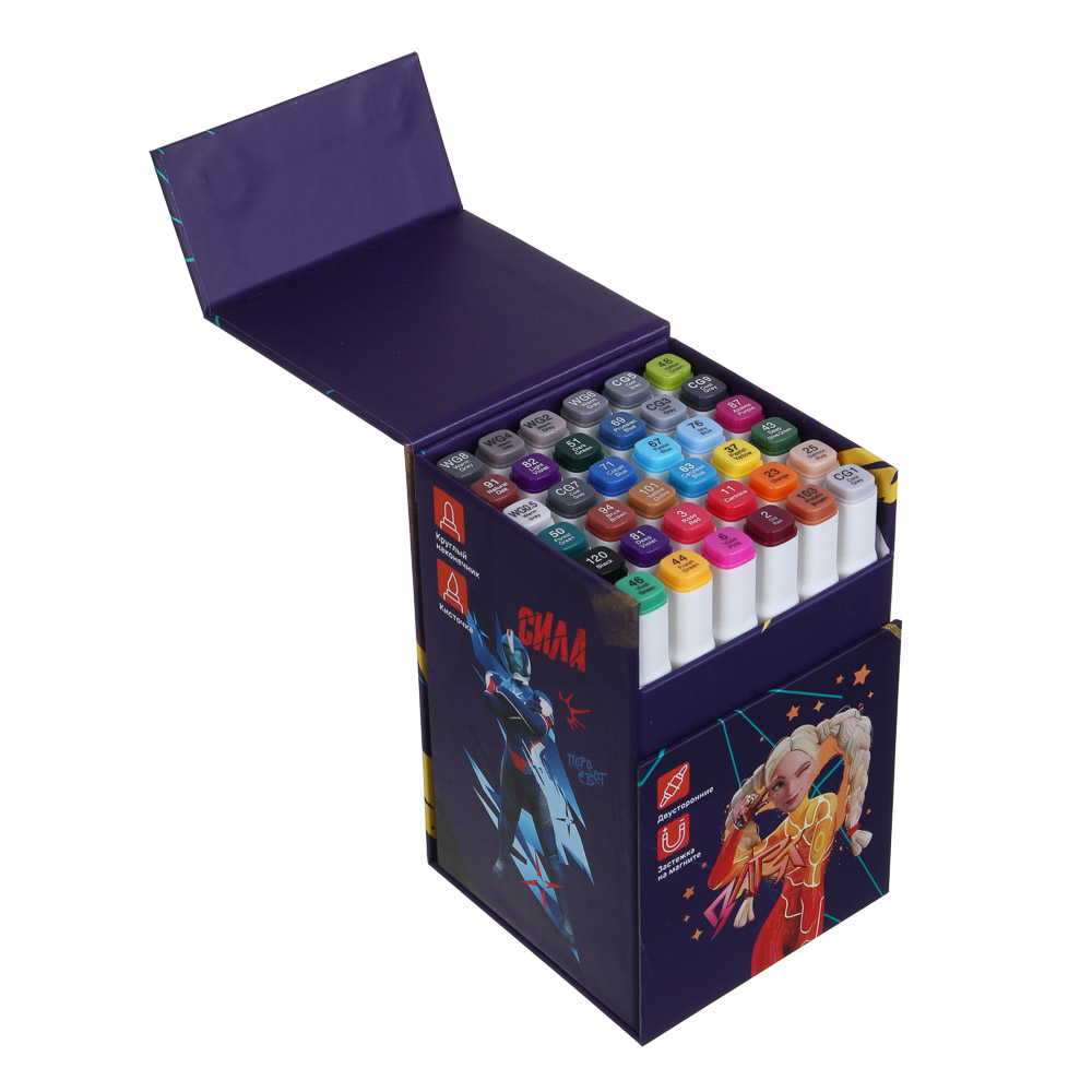 Маркеры худож. BY Русские Супергерои 36цв., 2-стор. (круг./кисточка), коробка-подставка на магните, арт.№ 801-042