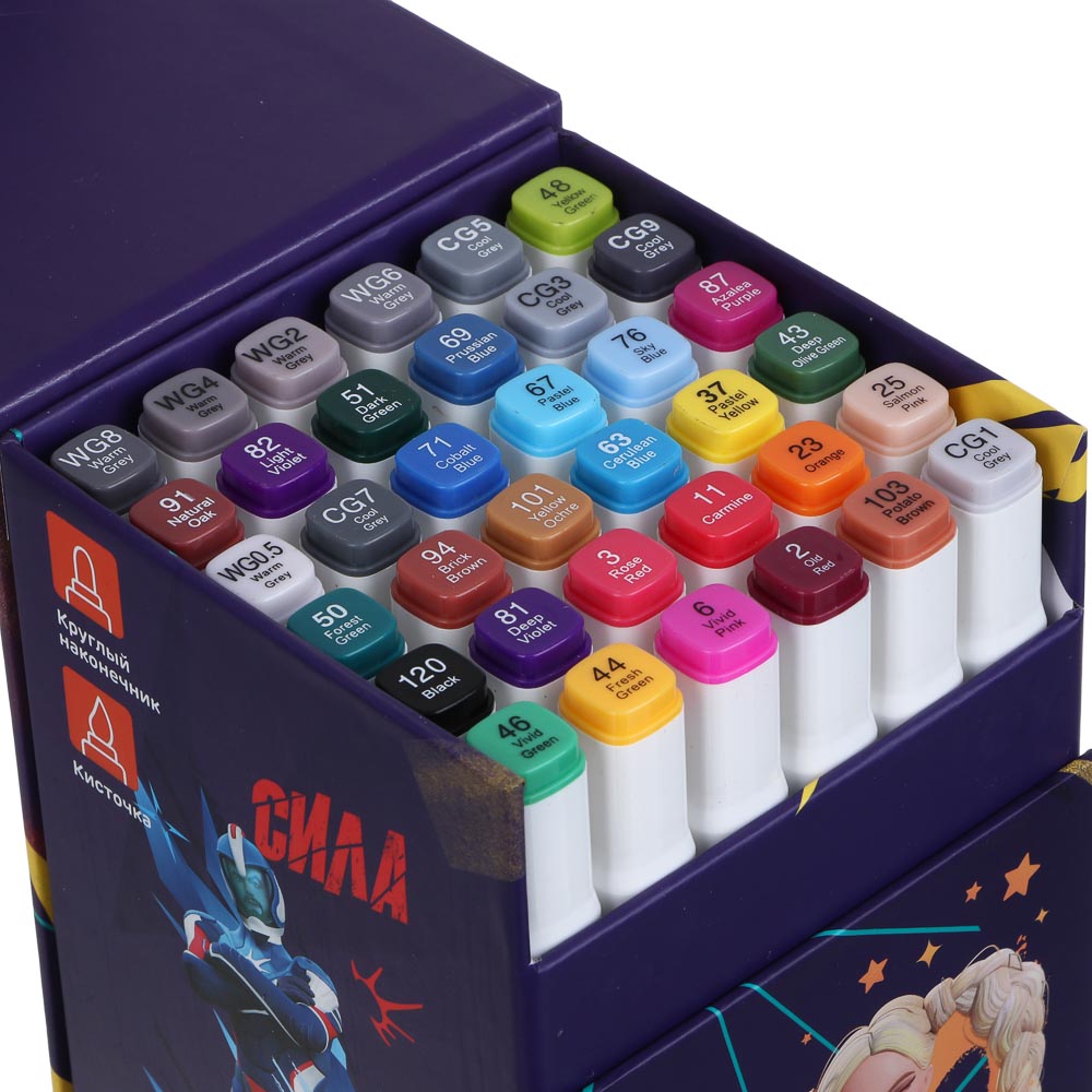 Маркеры худож. BY Русские Супергерои 36цв., 2-стор. (круг./кисточка), коробка-подставка на магните, арт.№ 801-042