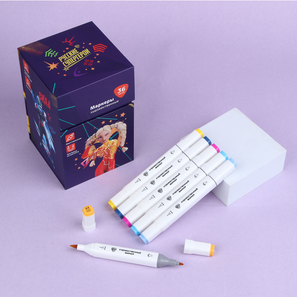 Маркеры худож. BY Русские Супергерои 36цв., 2-стор. (круг./кисточка), коробка-подставка на магните, арт.№ 801-042