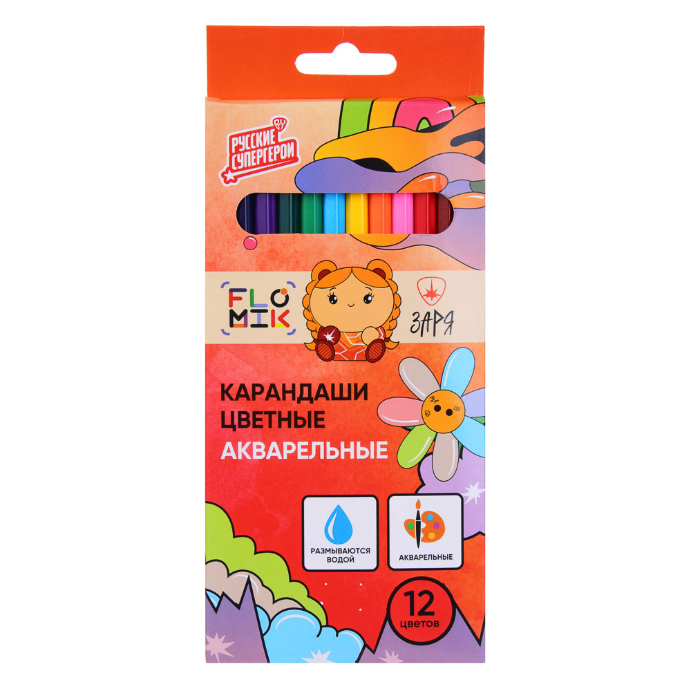 BY FLOMIK Карандаши цветные акварельные, 12 цветов, грифель размывается водой, дерево, в карт.кор., арт.№ 228-017