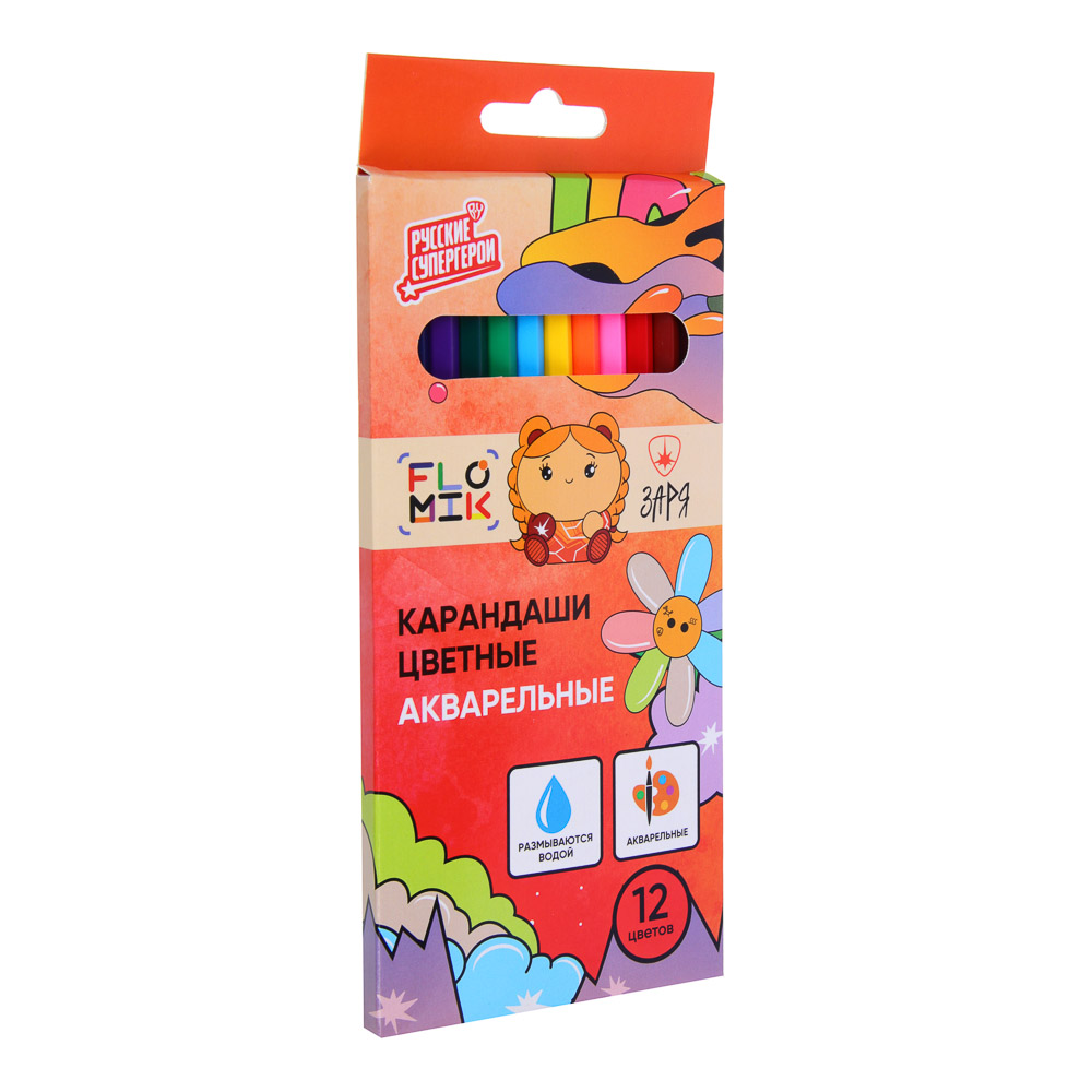 BY FLOMIK Карандаши цветные акварельные, 12 цветов, грифель размывается водой, дерево, в карт.кор., арт.№ 228-017