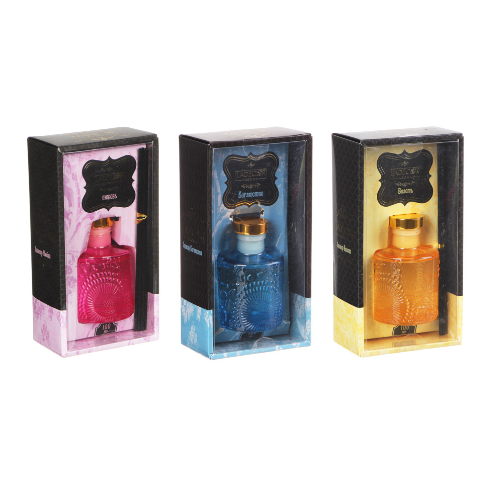 LADECOR Аромадиффузор с палочками, 100 мл, с палочками, Английский дуб/Золотой янтарь/Папайя и кокос, арт.№ 412-050