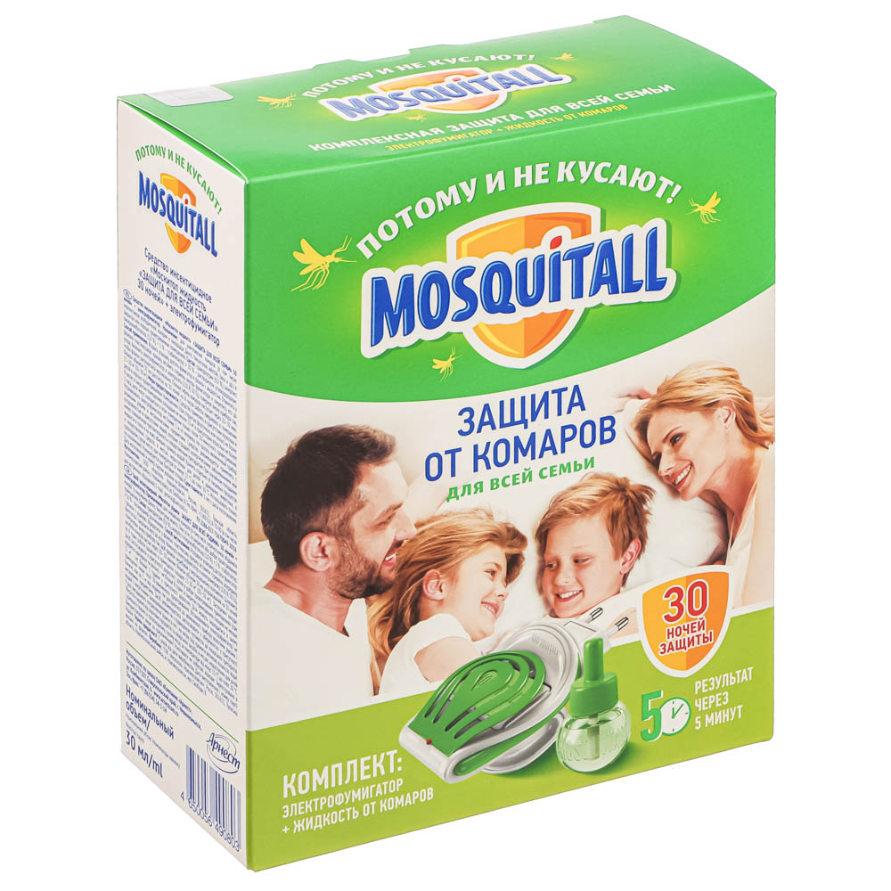 Комплект для защиты от комаров MOSQUITALL, электрофумигатор + жидкость, 30 ночей, 30мл, арт.№ 964-003