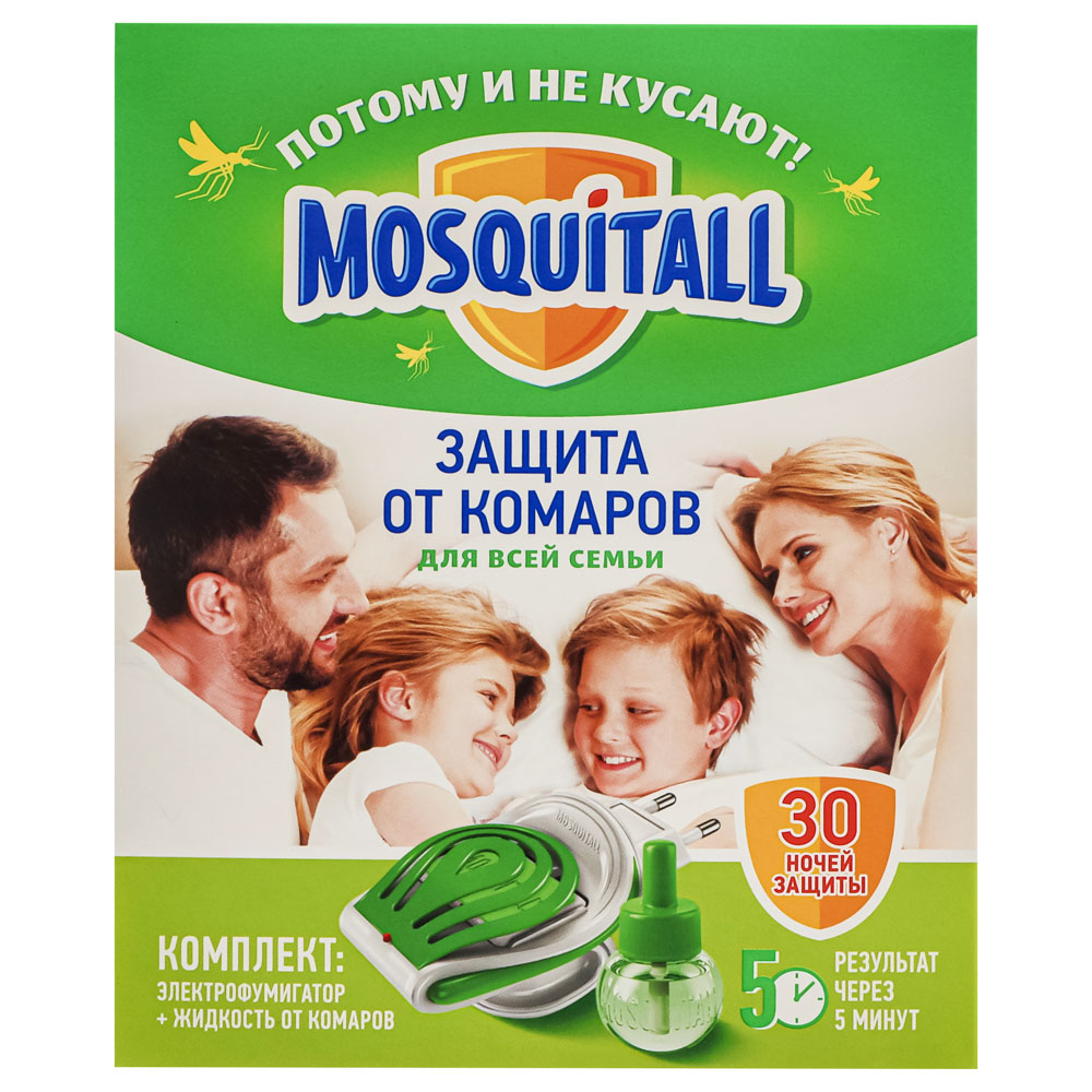 Комплект для защиты от комаров MOSQUITALL, электрофумигатор + жидкость, 30 ночей, 30мл, арт.№ 964-003