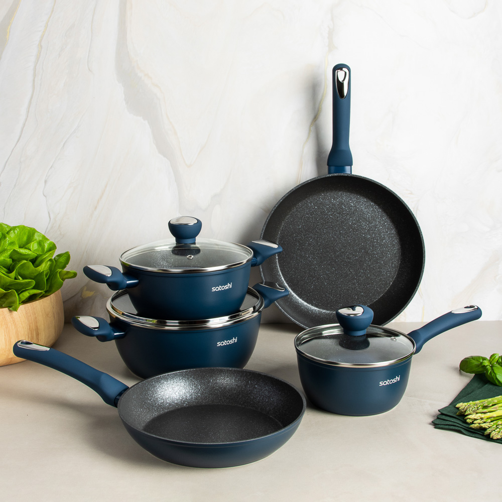 SATOSHI Ривьера Набор посуды 8 предметов, а/пр.покрытие: кастюли+крышки: 2,3 л и 3,8 л; ковш+крышка 1,3 л; сковороды 24 см, 28 см, арт.№ 846-722