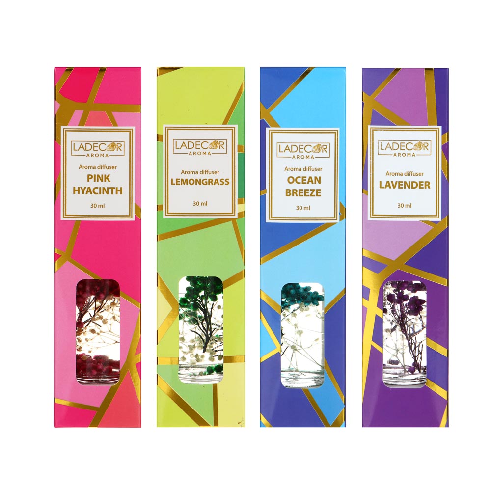 LADECOR Аромадиффузор 30мл с декором и с палочками, 4 вида лаванда,лемонграсс,роз.геоцинт,океан, арт.№ 412-081
