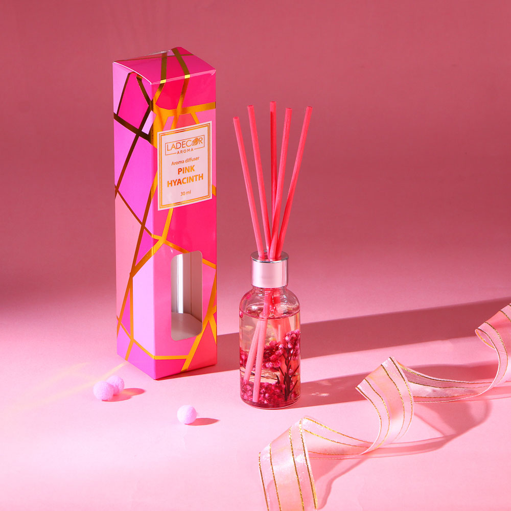 LADECOR Аромадиффузор 30мл с декором и с палочками, 4 вида лаванда,лемонграсс,роз.геоцинт,океан, арт.№ 412-081